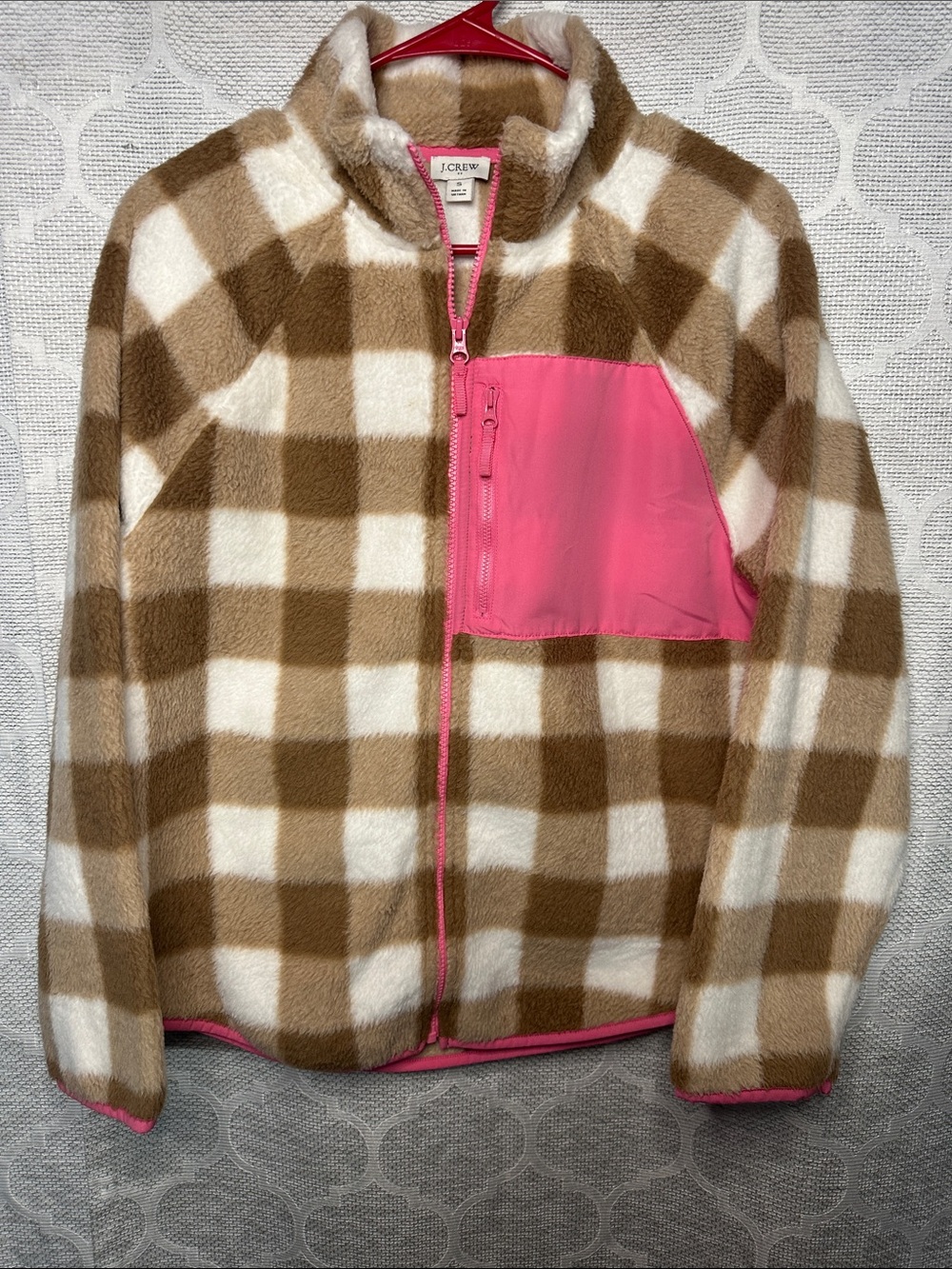 J.Crew Women S Tan Brown White Buffalo Check Fleece Jacket Pink Pocket